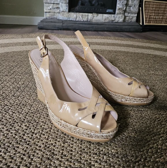 Stuart Weitzman Patent Leather Slingback Woven Wedge Platform Wedges - Picture 3 of 16